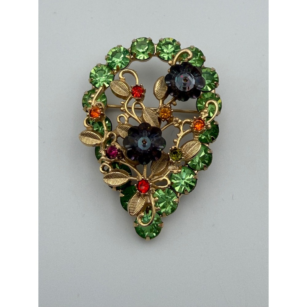 Vintage Gold Tone Green Purple Rhinestone Floral Teardrop Brooch Pin Statement